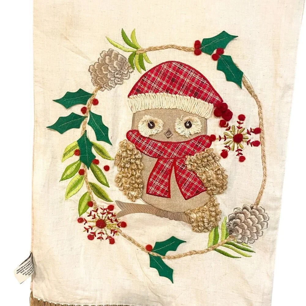 Domain Christmas Holiday Owl Embroidered Aplique 16 x 72 Cotton Fringe Table Run